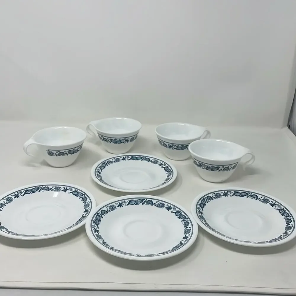 4 sets Corelle Corning Old Town Blue Hook Stacking Coffee Tea Cups With Saucers